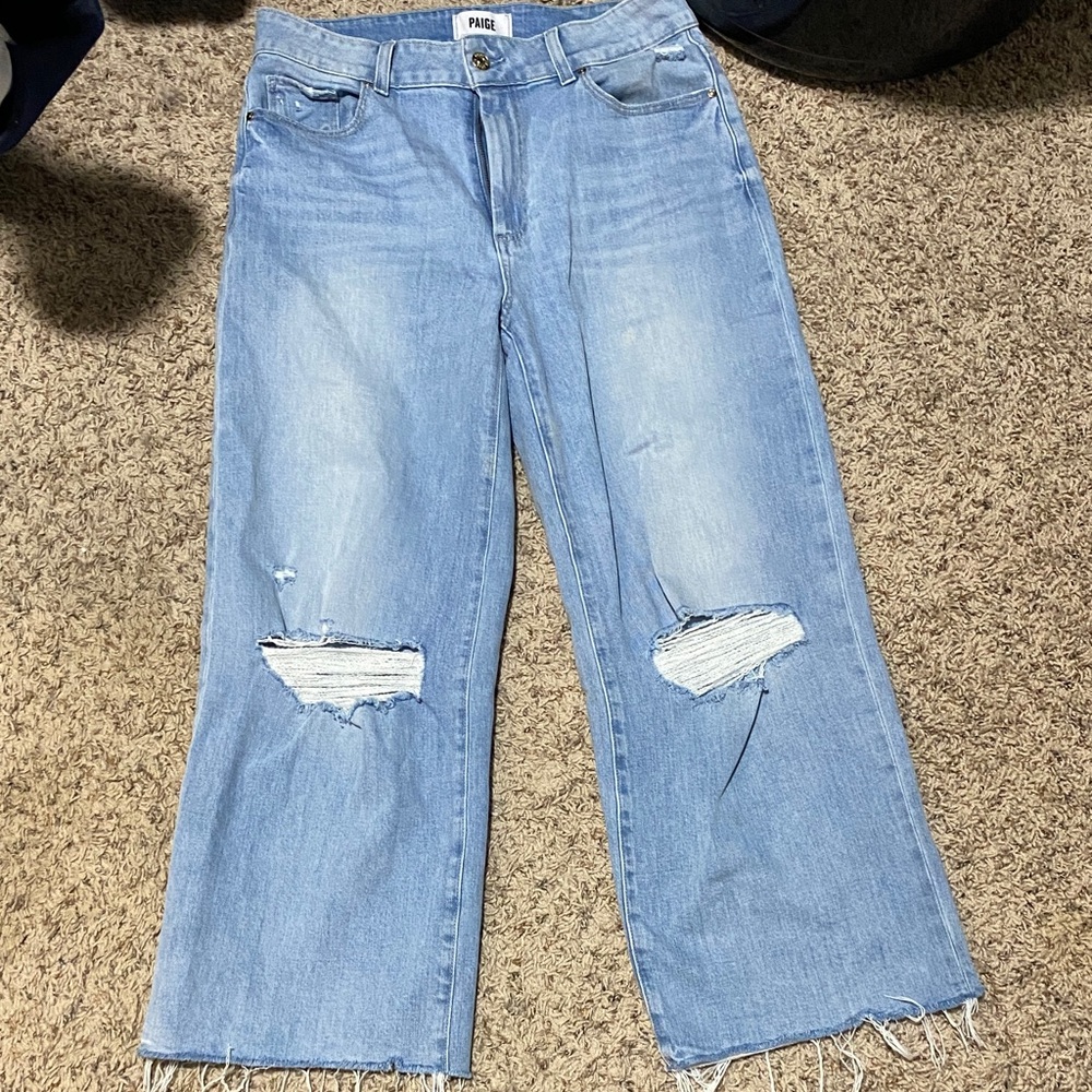PAIGE Sacha Light Blue Distressed Cropped Wide-Leg Jeans 29